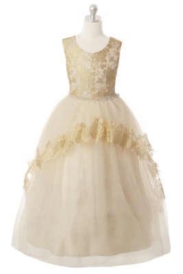 Champagne Glamorous Sleeveless Dress with Gold Floral Details